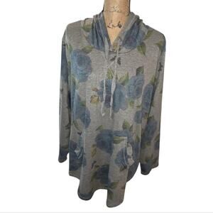 Philosophy Woman Grey Blue Rose Floral Print Hoodie Tunic Sweatshirt 2X